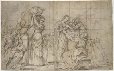 直腸：バプティストの誕生（ペンと茶色のインクと灰色のウォッシュを施した黒チョーク、淡いバフ紙に白で強調、転送用にインデントと黒チョークで四角）